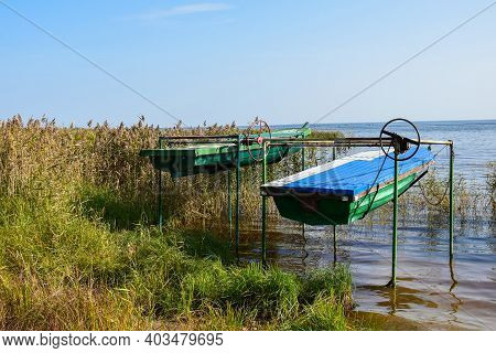 Boats Suspended From Metal Structures For Storage. Leningrad Region. Russia. September 2020