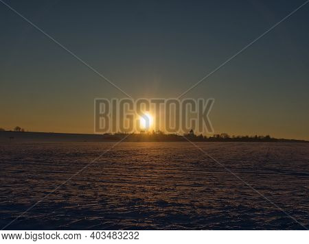 Sunset In Thuringia With Snow At Krippendorf In Winter