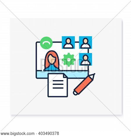 Online Workflow Color Icon. Work Meeting Together Concept. Corporative Streaming Website. Live Strea