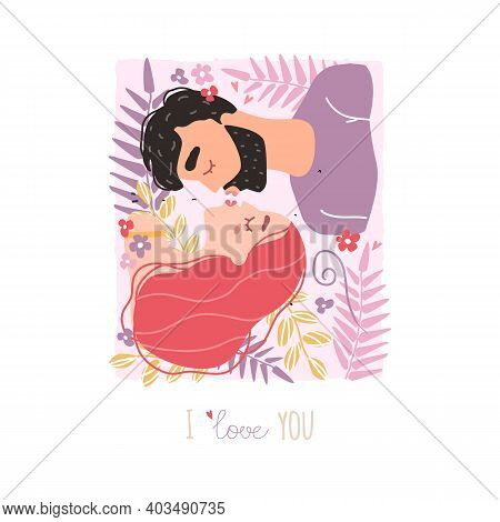 Vector Valentine Card With Cute Characters. Romantic Couple In Love Kissing. World Kissing Day. Clip
