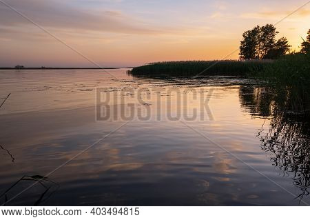 Dnipro River Summer Sunset Twilight Landscape, Ukraine