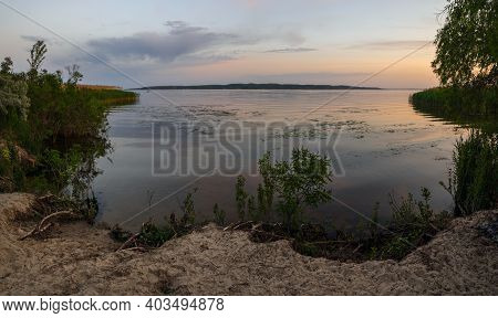 Dnipro River Summer Sunset Twilight Panorama Landscape, Ukraine