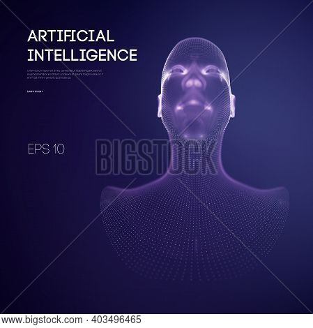 Artificial Intelligence Head, City Human And Innovations Sciences Fictions. Artificial Technology Hu