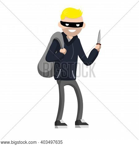 Man With Knife Extorting Money. Hand Holding Green Cash. Problem Of Urban Security. Thief At Work. E