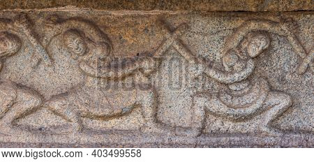 Hampi, Karnataka, India - November 5, 2013: Vijaya Vitthala Temple. Closeup Of Brown Stone Fresco De