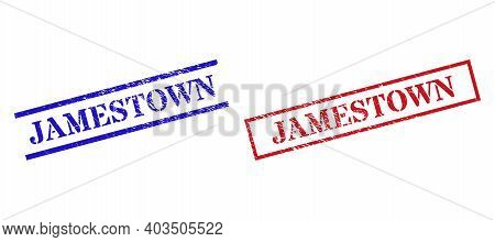 Grunge Jamestown Stamp Seals In Red And Blue Colors. Seals Have Rubber Style. Vector Rubber Imitatio