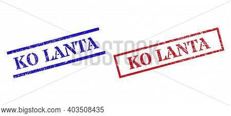 Grunge Ko Lanta Stamp Seals In Red And Blue Colors. Seals Have Rubber Texture. Vector Rubber Imitati