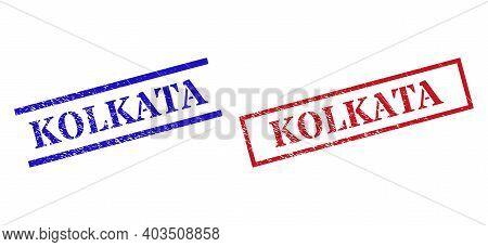 Grunge Kolkata Rubber Stamps In Red And Blue Colors. Stamps Have Rubber Style. Vector Rubber Imitati