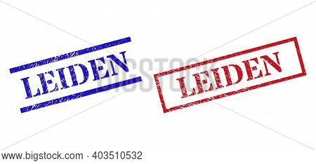 Grunge Leiden Stamp Watermarks In Red And Blue Colors. Stamps Have Rubber Style. Vector Rubber Imita