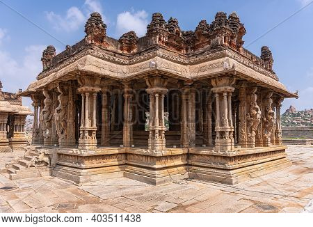 Hampi, Karnataka, India - November 5, 2013: Vijaya Vitthala Temple. Closeup Of Main Brown Stone Sanc