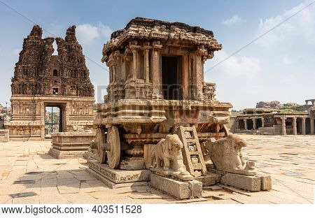 Hampi, Karnataka, India - November 5, 2013: Vijaya Vitthala Temple. Closeup Of Brown Stone Chariot F