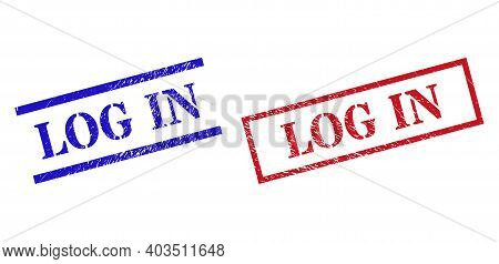 Grunge Log In Rubber Stamps In Red And Blue Colors. Stamps Have Rubber Surface. Vector Rubber Imitat