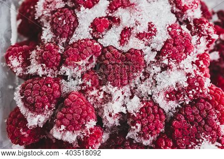 Simple Food Ingredients,  Close-up Of Frozen Raspberries With Icicles On Them
