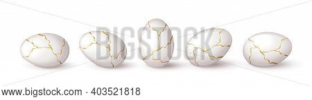 Set Of Realistic White Eggs With Gold Liquid. Realistic White Eggs In Different Positions. Vector Il