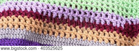 Panoramic Wool Pattern. Multi Colored Wool Thread Yarn Background Texture