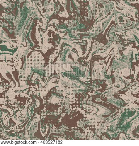 Grunge Camouflage Dots Tile, Seamless Ebru Pattern. Military Urban Liquid Marble Camo Texture.  Army
