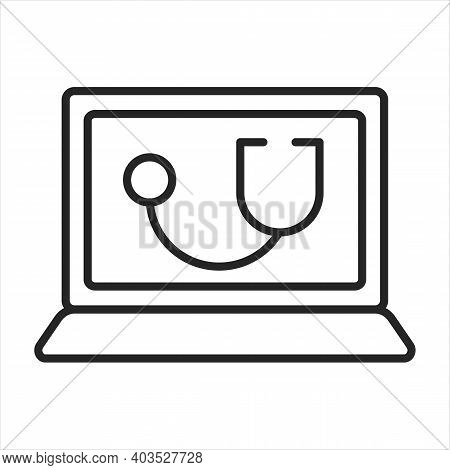 Telemedicine Line Icon. Vector Illustration Laptop Monitor With Stethoscope Symbol. Telehealth Virtu