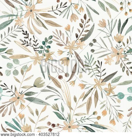 Hand drawn watercolor seamless pattern. Wild plants, wild flowers. Cute meadow with different plants and flowers. Cute background.