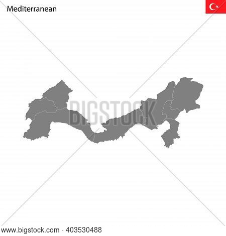 High Quality Map Mediterranean Region Of Turkey, With Borders Of The Provinces