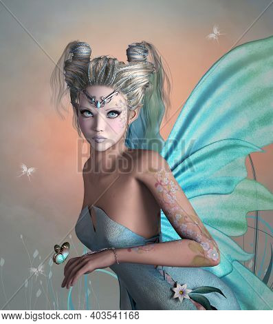 Young Fairy With Turqouise Dress And Butterfly Wings - 3d Illustration