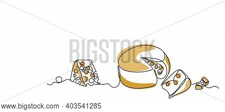Heese In Continuous Line Art Drawing Style. Wheel Of Cheese With Holes And A Piece Cut From It. Vect