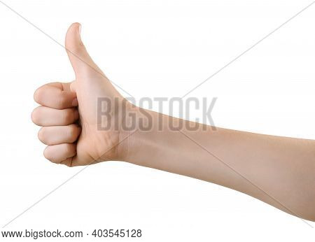 The Boy's Rigth Hand Shows Thumb Up For Ok Sign. Hand Shows A Gesture Of Approval. Everything Is Coo