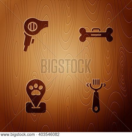 Set Hair Brush For Dog And Cat, Dryer, Location Pet Grooming And Dog Bone On Wooden Background. Vect