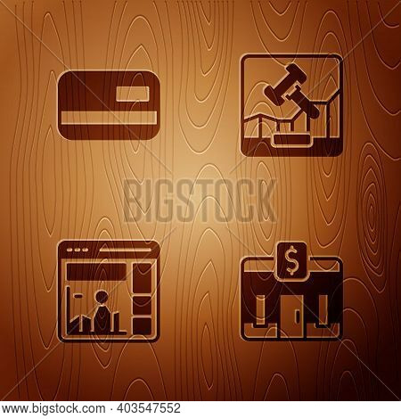 Set Bank Building, Credit Card, Website With Growth Graph And Online Internet Auction On Wooden Back