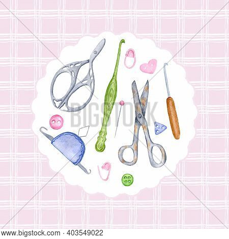 Watercolor Set With Vintage Scissors, Needle Threader, Crochet Hook, Pin. Hand Draw Object. Design F