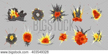 Atomic Nuclear Bomb Explosions Debris Fire Bang Clouds Shape Colorful Set On Grey Transparent Backgr