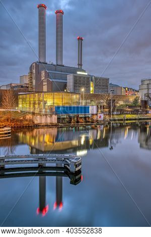 Cogeneration Plant At The River Spree In Berlin At Night