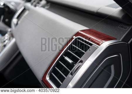 Ac Ventilation Deck In Luxury Modern Car Interior. Modern Car Black Leather Interior With Stitching.