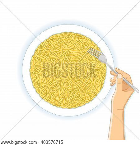 Top View Of Fresh Delicious Plate Of Asian Ramen Noodles And Hand With Fork On White Background. Vec