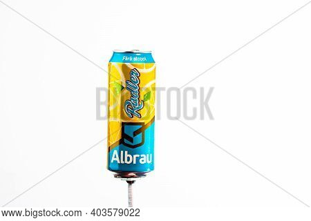 Albrau Radler Beer From Romanian Local Brewery Isolated. Detail Photo Of Beer Can In Bucharest, Roma