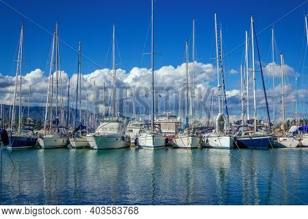 Corfu Island, Greece- May 5, 2019: View Of Beautiful Gouvia Port Marina - Calm Sea, White Yachts And