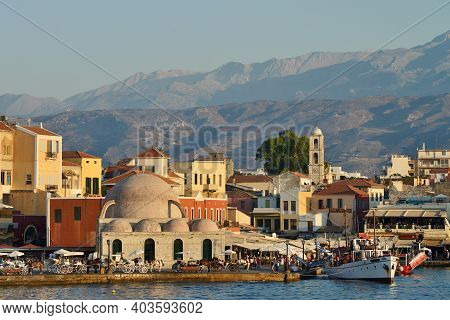 Chania, Greece - August 12: Beautiful Sunset At Harbor Of Chania, Greece On August 12, 2014. Chania 