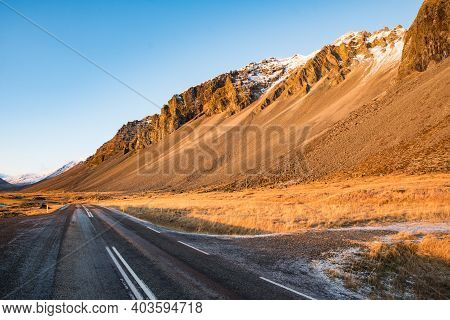 Road Along Mountain Eystrahorn In East Iceland