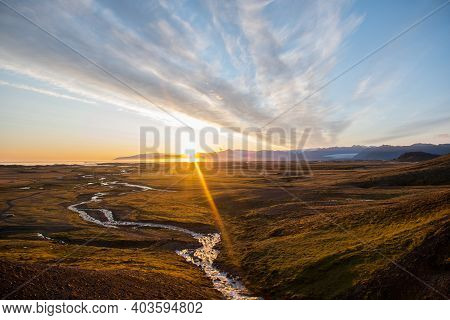 Sunset Above River Berga In Hornafjordur In South Icelandic Countryside