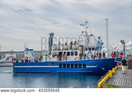 Arskogssandur Iceland - June 20. 2020: Ferry Saevar Arriving From Island Of Hrisey