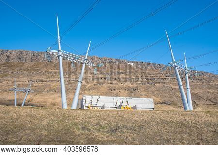 The Transformer Station And Power Lines Of Karahnjukar Power Plant In Fljotsdalur In East Iceland