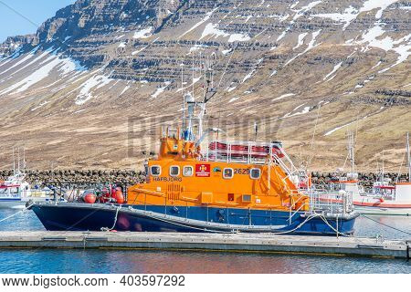 Neskaupsstadur Iceland - May 21. 2020: Iceland Search And Rescue Vessel Hafbjorg In Port