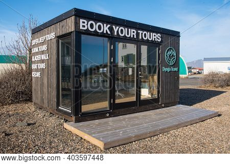 Hofn I Hornafirdi Iceland - April 16. 2020: Dyngja Travel Booking Office In Town