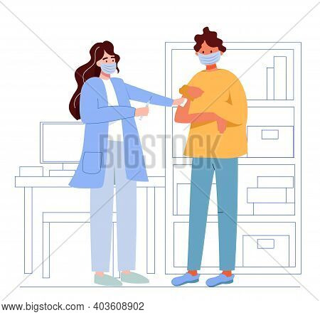 The Doctor Holds The Syringe And Puts The Vaccine To A Man. Vaccine Against The Virus, Coronavirus. 