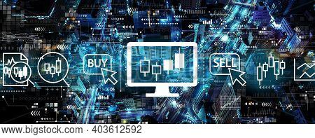 Stock Trading Theme With Aerial View Of Urban City At Night