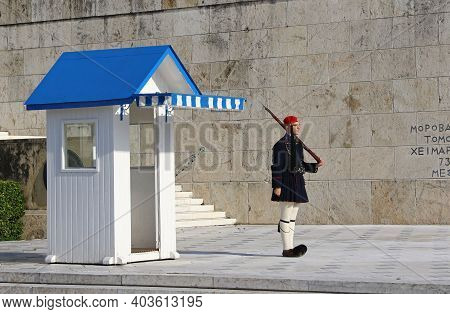 Athens, Greece - December 18,2019: Presidential Guard Soldier (evzones Or Evzonoi) Parades In Front 