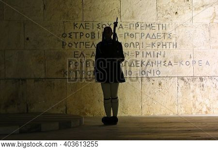 Athens, Greece - December 19,2019: Presidential Guard Soldiers (evzones Or Evzonoi) Parade In Front 