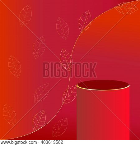 Red And Gold Color Podium With Gold Leaf Background For Product Display, Podium For Product Exhibiti