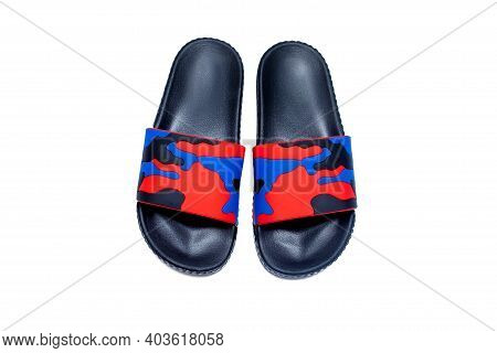 Trendy Slide Sandal Red Blue Black Military Slipper Isolated On White Background
