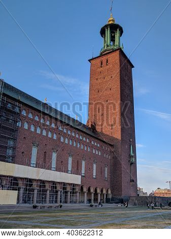 Stockholm, Sweden - April 19 2019: Close Up View Of City Hall Or Stadshuset On April 19 2019 In Stoc