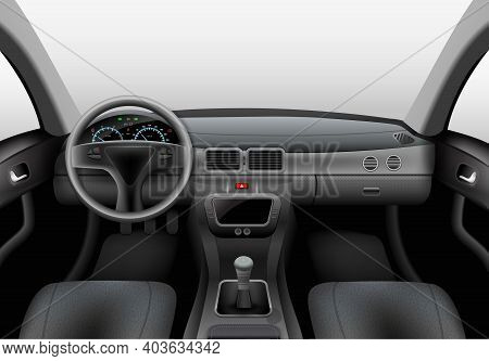 Realistic Car Dark Interior With Dashboard Windshield And Steering Wheel Vector Illustration
